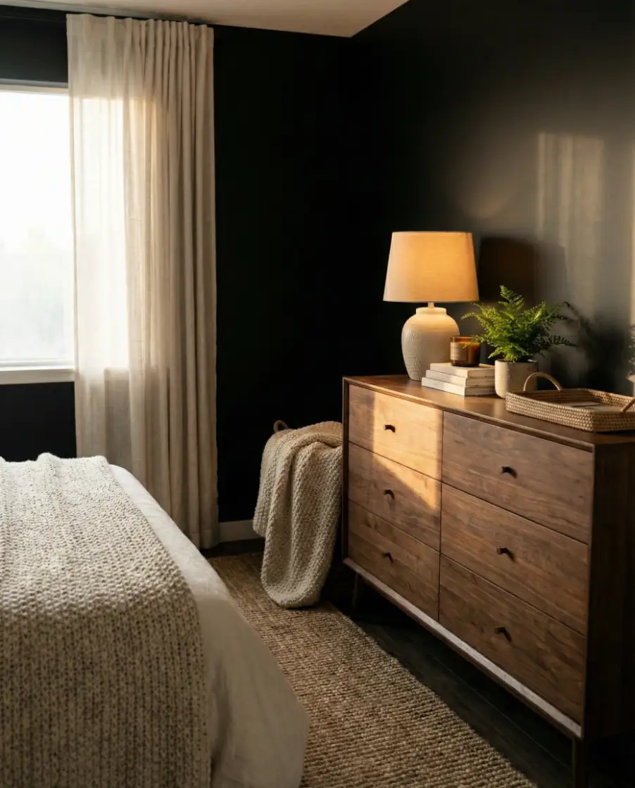 Black Accent Wall With Dark Brown Furniture 2