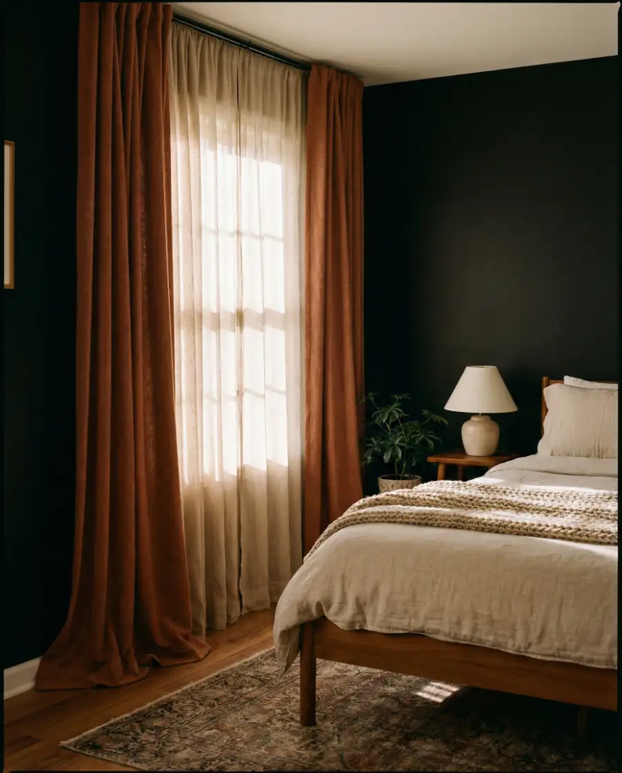 Black Accent Wall With Floor-to-Ceiling Curtains 2