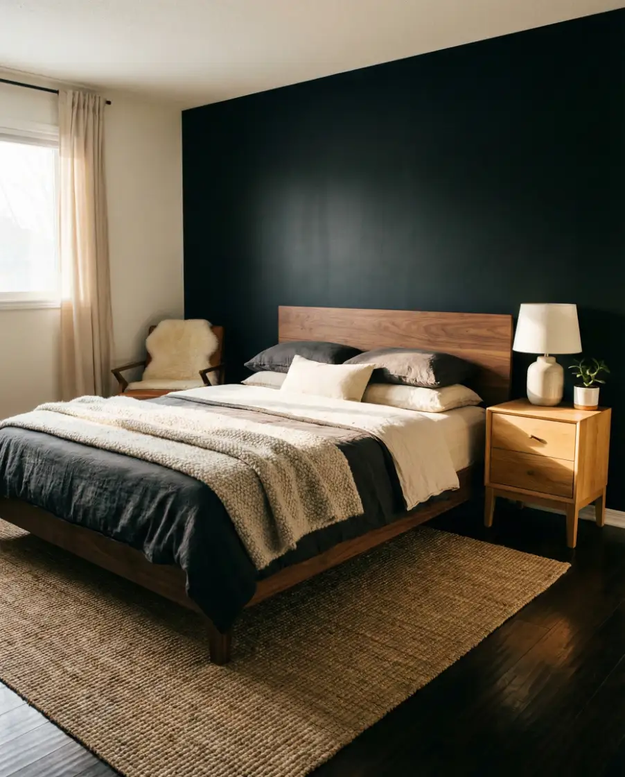 Black Accent Wall With Layered Wood Furniture 1