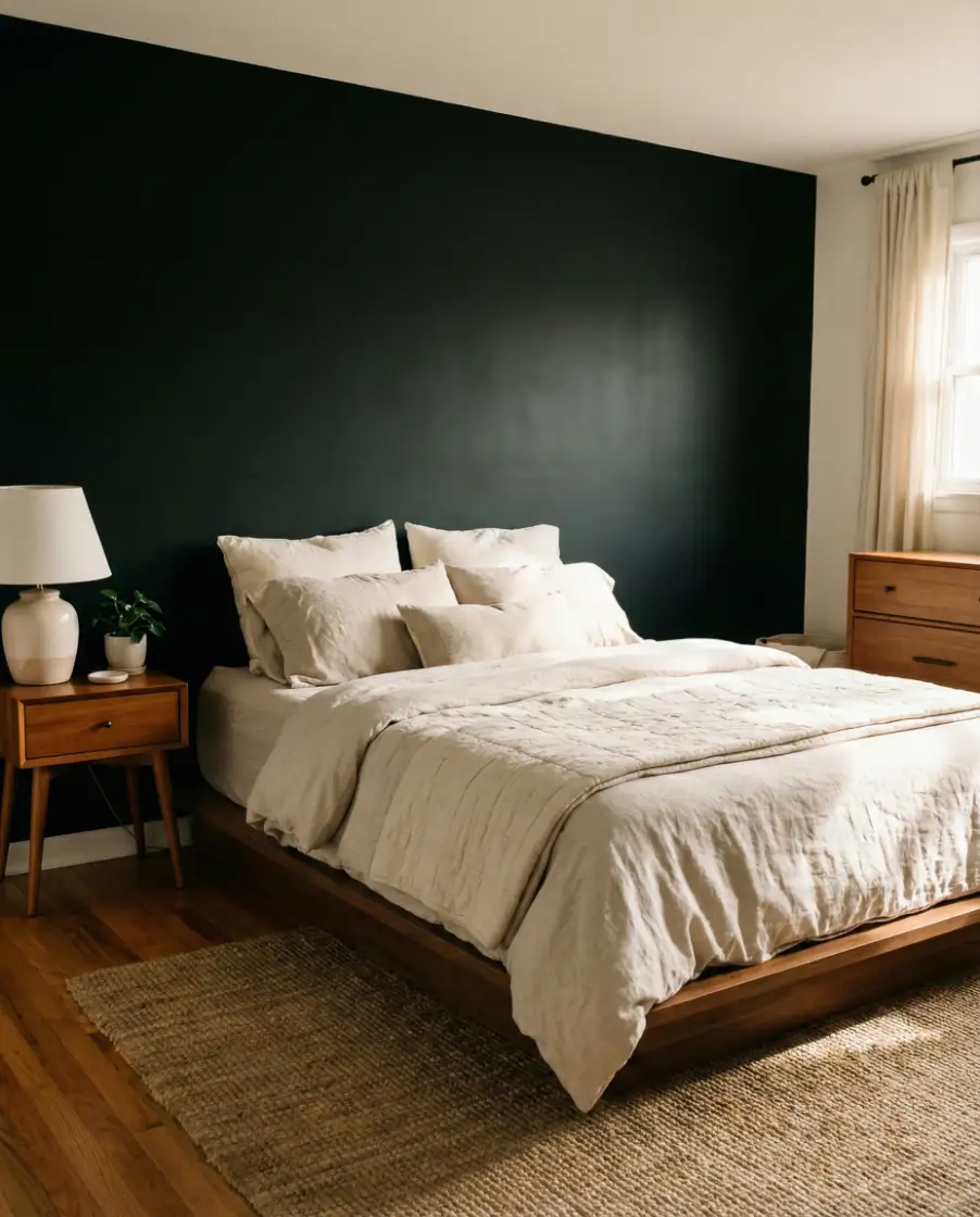 Black Accent Wall With Layered Wood Furniture 2