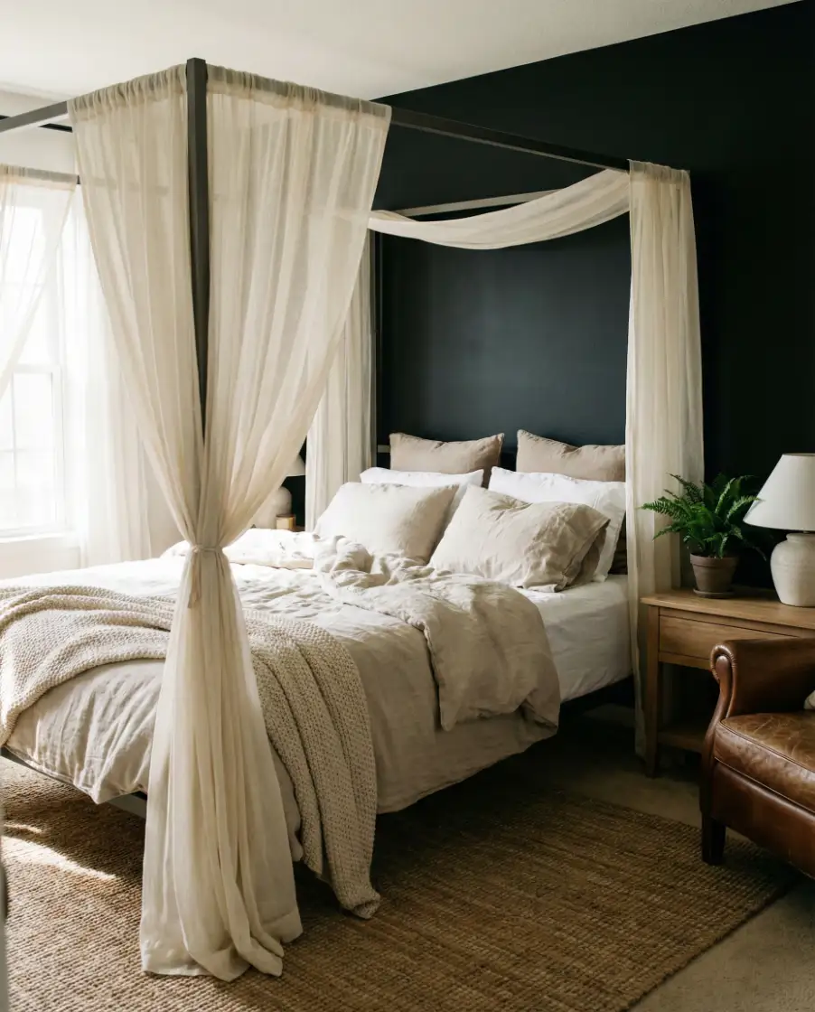 Black Accent Wall With Relaxed Canopy Bed Styling 1