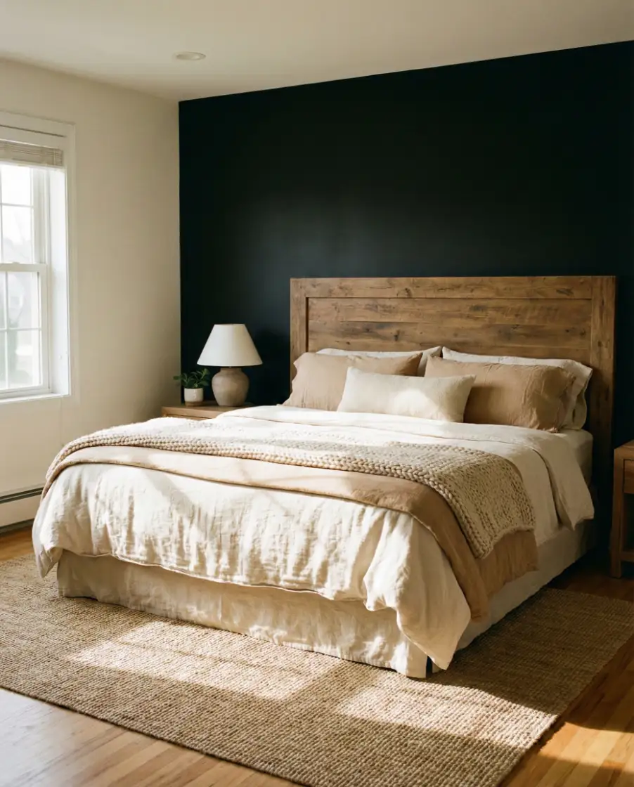 Black Accent Wall With a Statement Wood Headboard 1