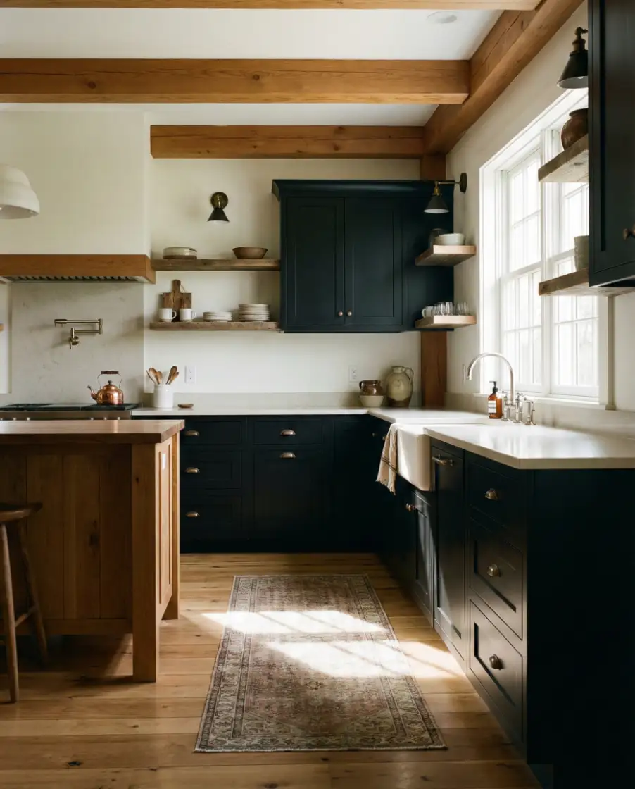 Black Cabinets with Warm Wood 1