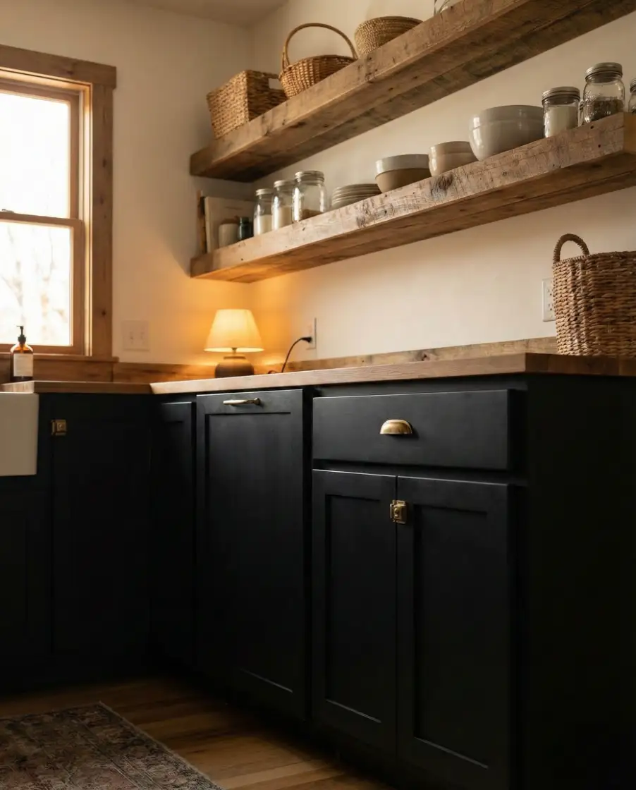 Black Cabinets with Warm Wood 2