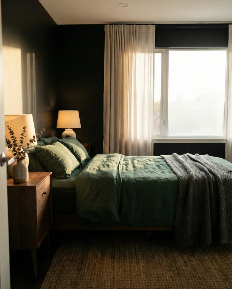 Black Wall Paired With Green Bedding 2