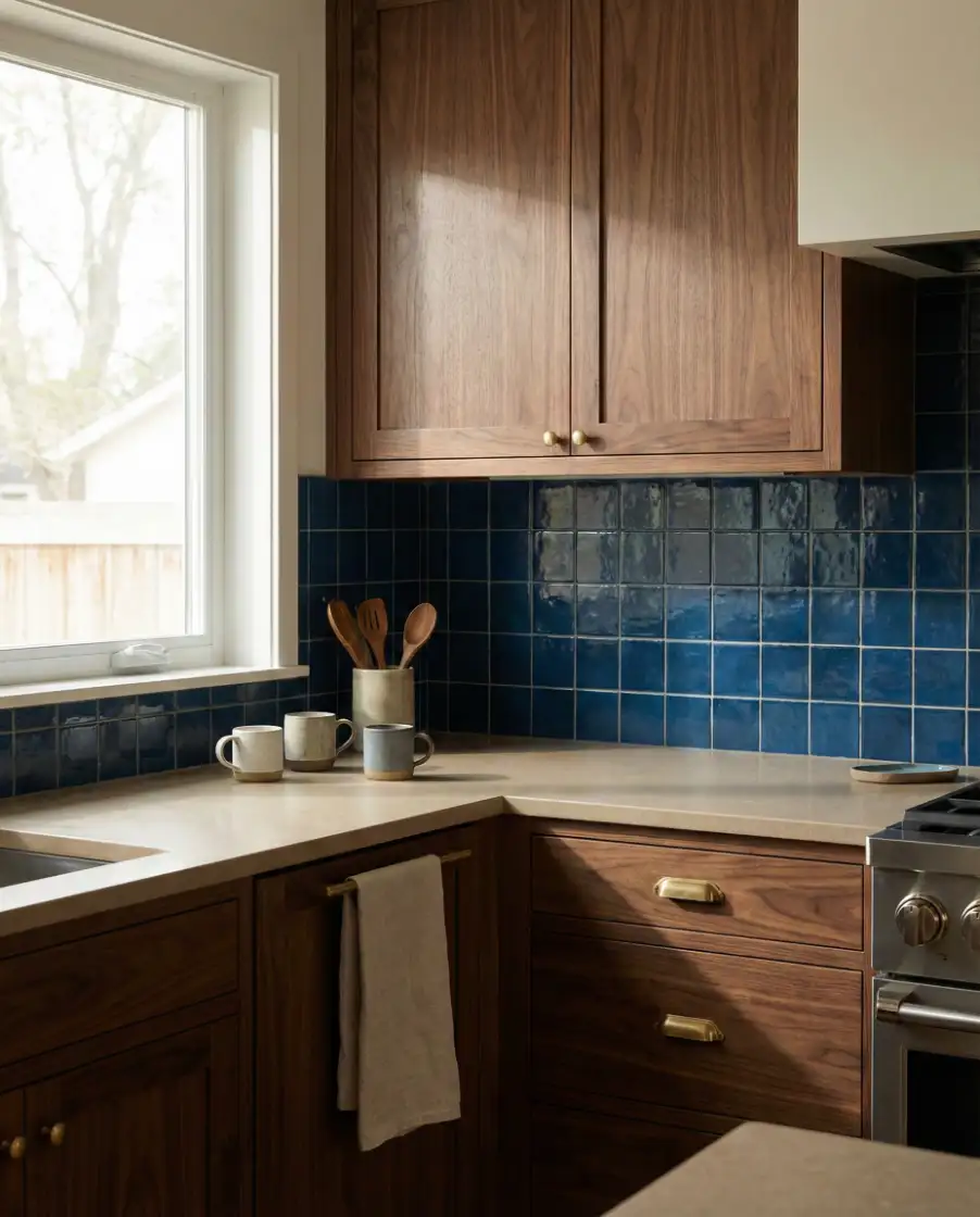 Blue Tile with Wood Cabinets Balance 1
