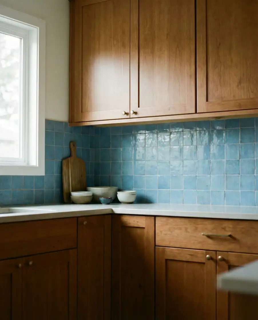 Blue Tile with Wood Cabinets Balance 2