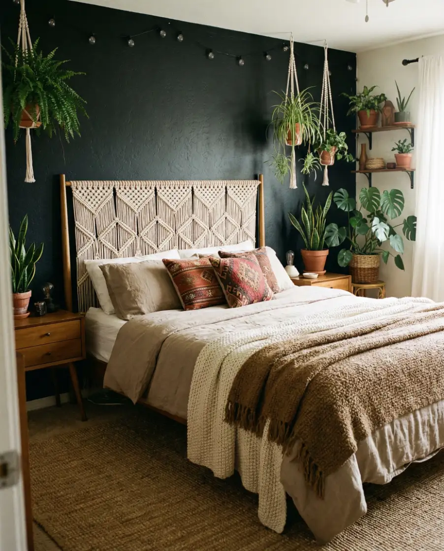 Boho Bedroom With a Soft Black Backdrop 1