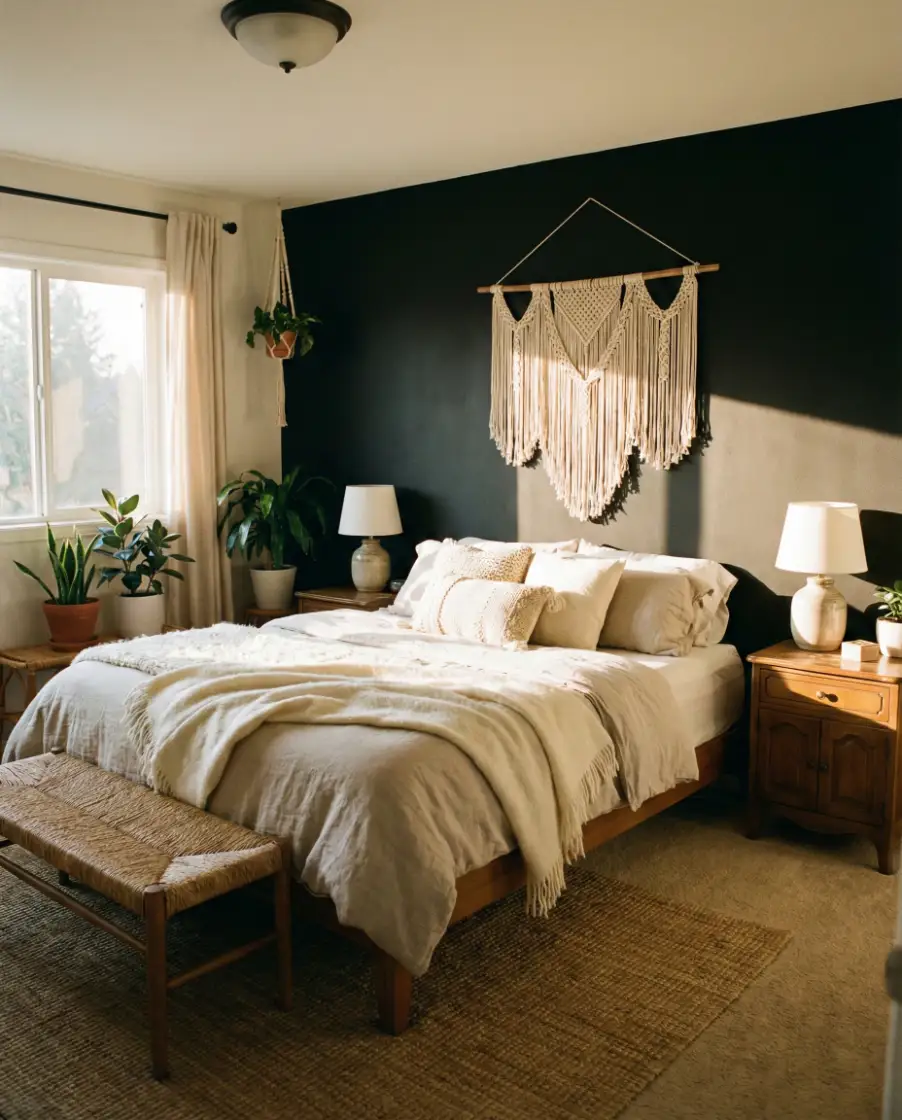 Boho Bedroom With a Soft Black Backdrop 2