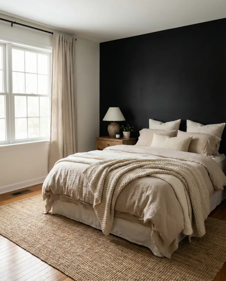 Cozy Black Accent Wall With Mixed Textiles 1
