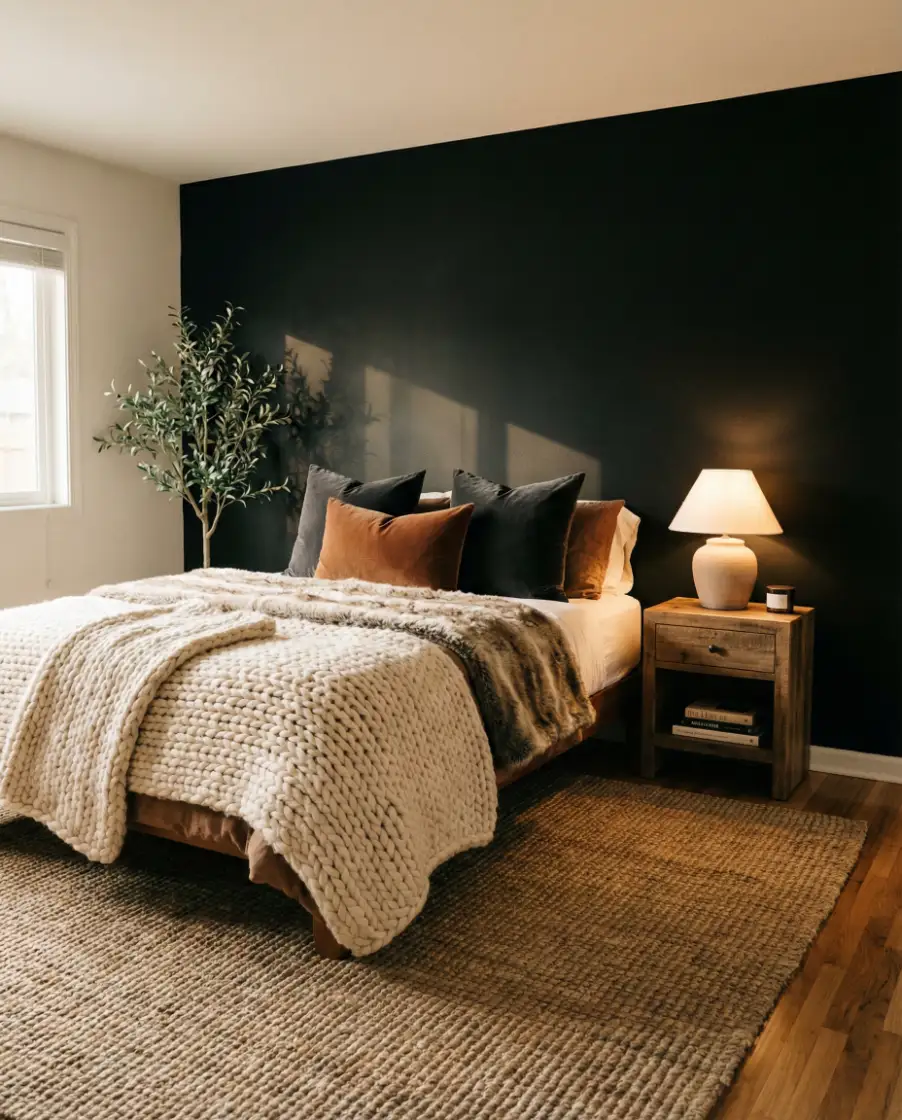 Cozy Black Accent Wall With Mixed Textiles 2