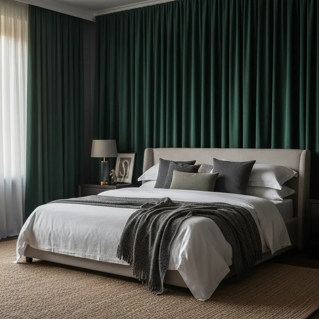 Dark Green Curtains Behind the Bed 1