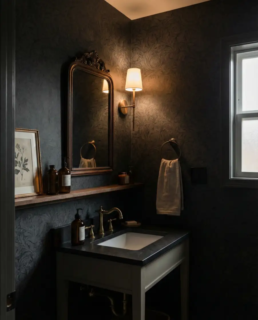 Dark Wallpaper Statement Half Bath 1