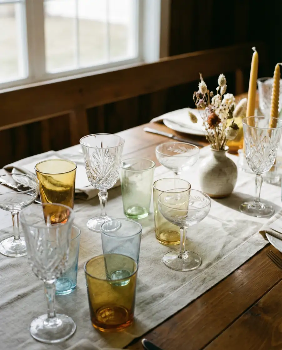 Easy Indoor Reception with Thrifted Glassware 1