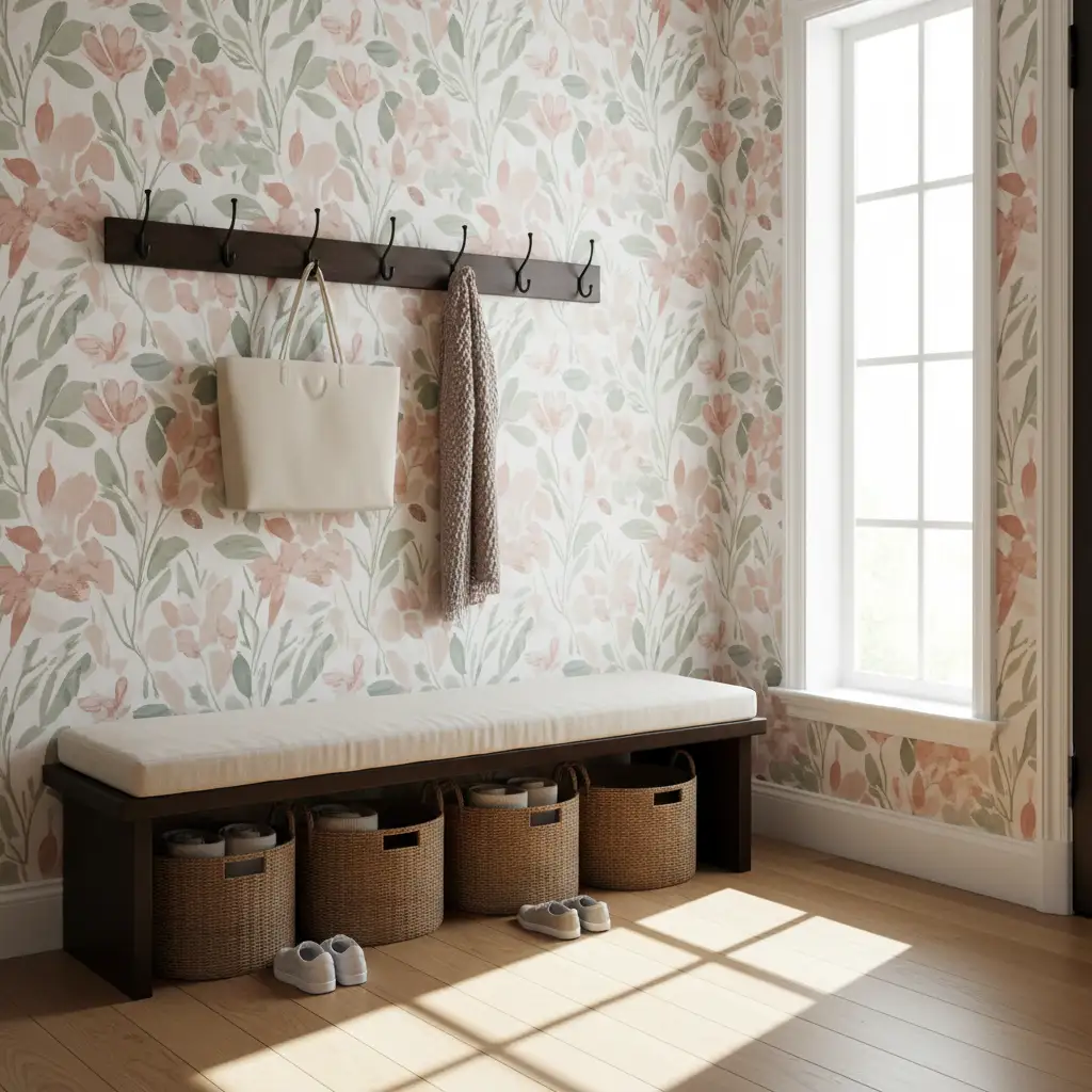 Entryway Wallpaper Mudroom with Artistic Flair 1
