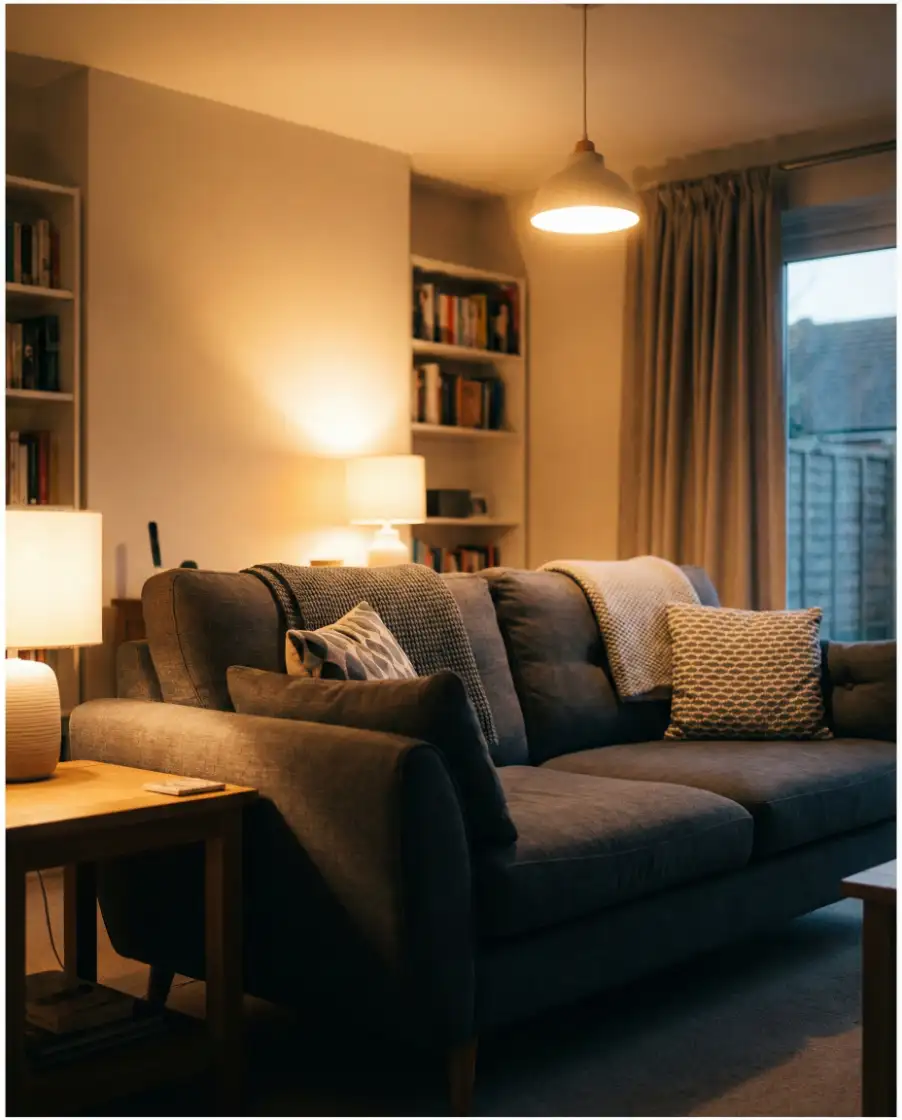 Grey Couch with Warm Modern Fixtures 1