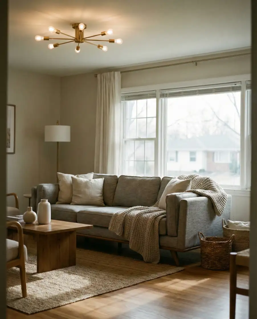 Grey Couch with Warm Modern Fixtures 2