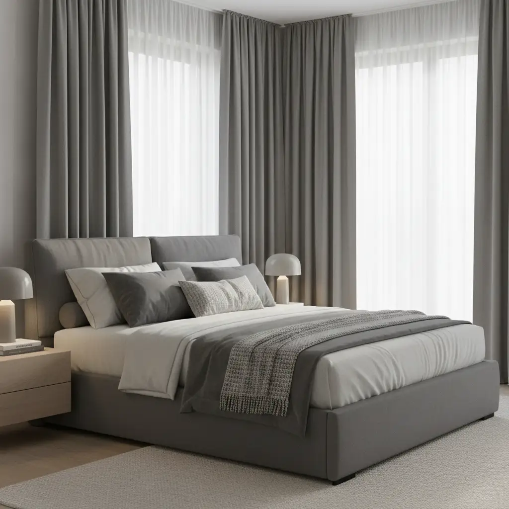 Grey Curtains with a Grey Bed Frame 1