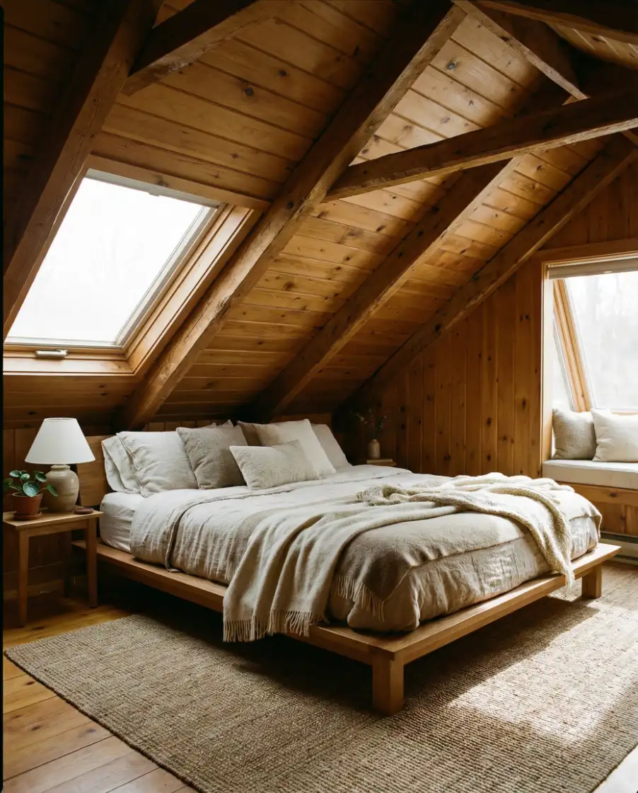 Slanted Ceiling Interior Design with Warm Wood 1