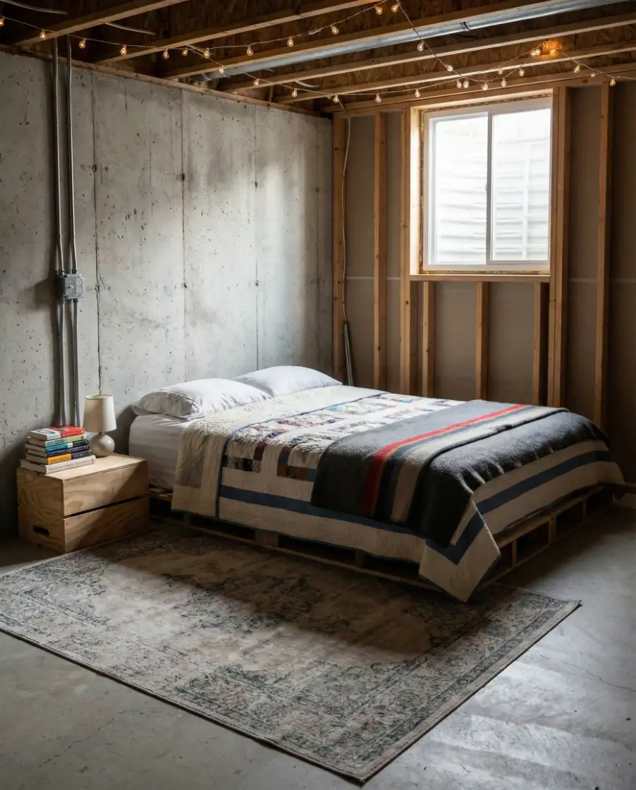 Unfinished Basement Bedroom with Budget-Conscious Comfort 2
