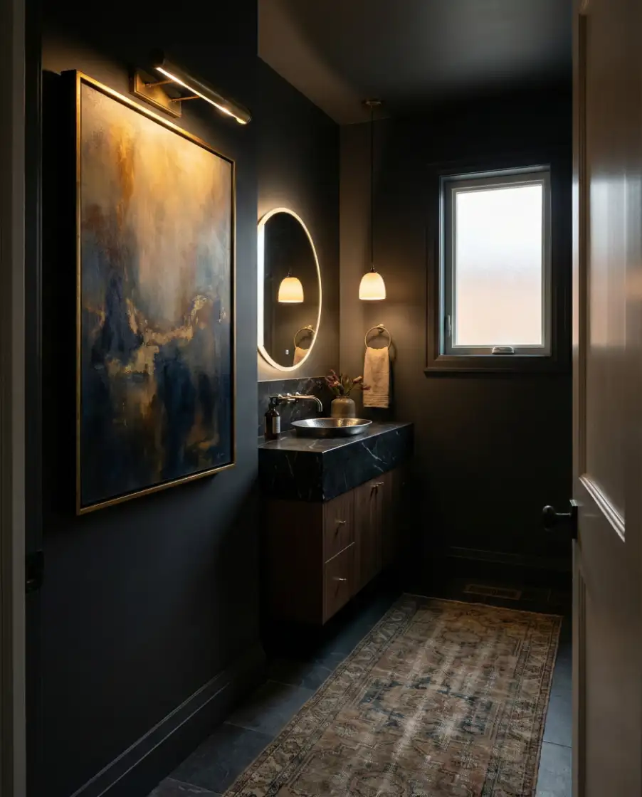 Unique Dark Half Bathroom with Artistic Decor 2