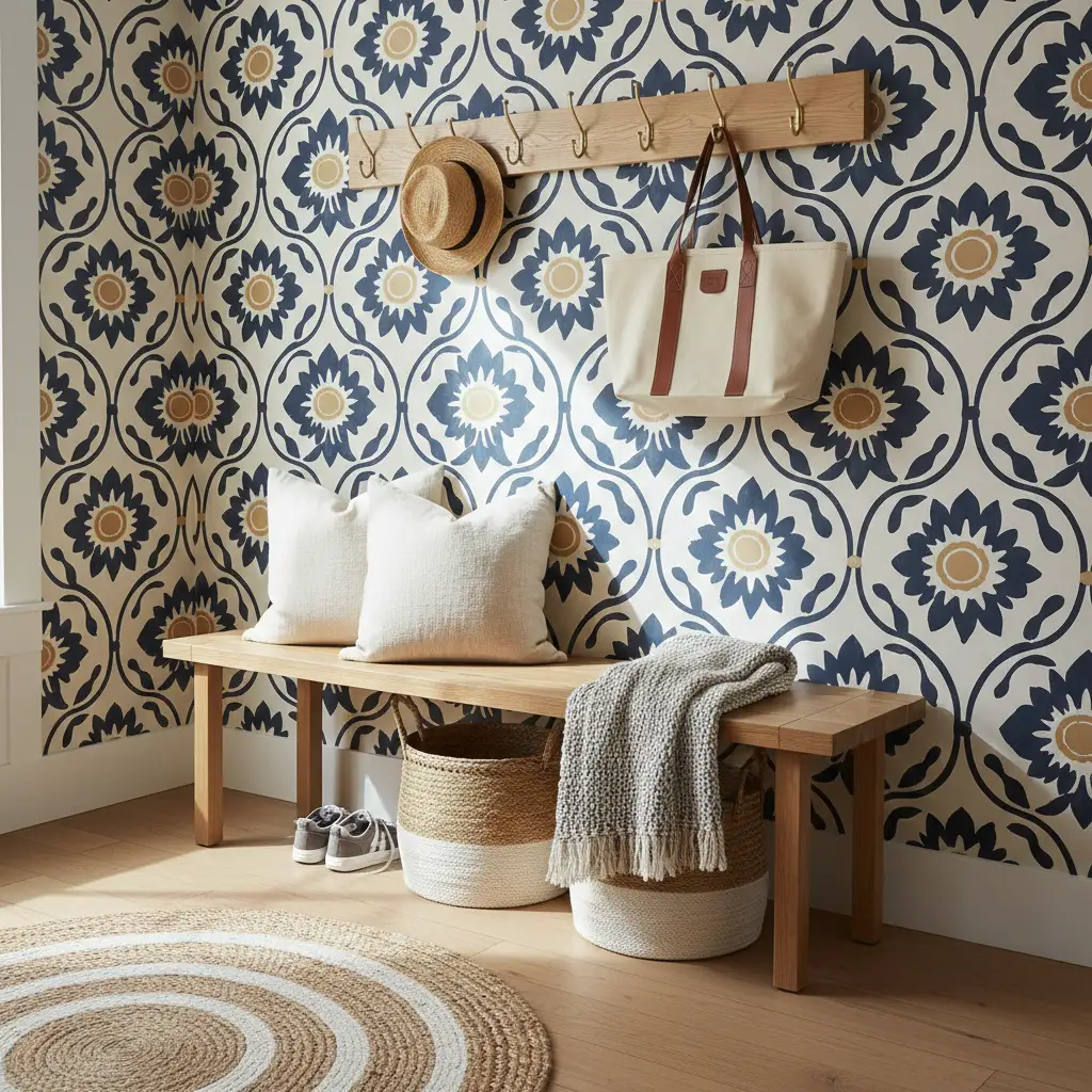 Wallpapered Entry Mudroom Statement 2