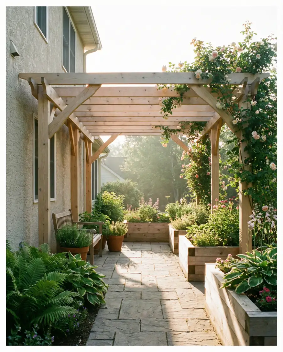 Attached Pergola Framing a Small Garden 1