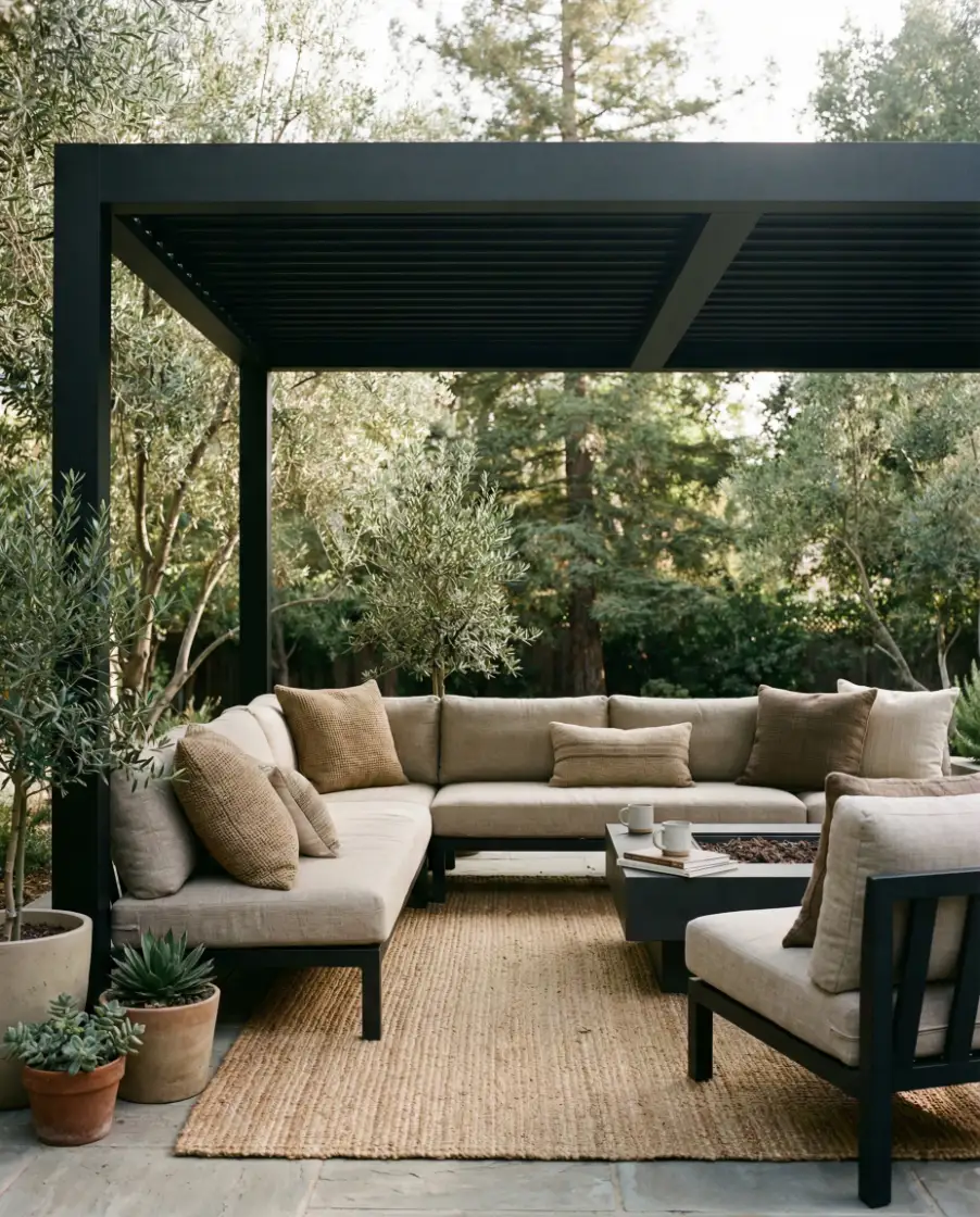 Black Pergola Anchoring a Patio Lounge 2