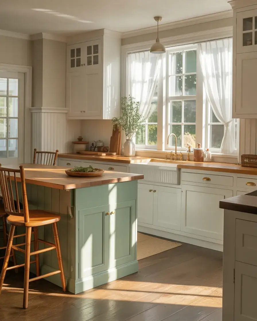 Farmhouse White Cabinets with Soft Green Accents 1