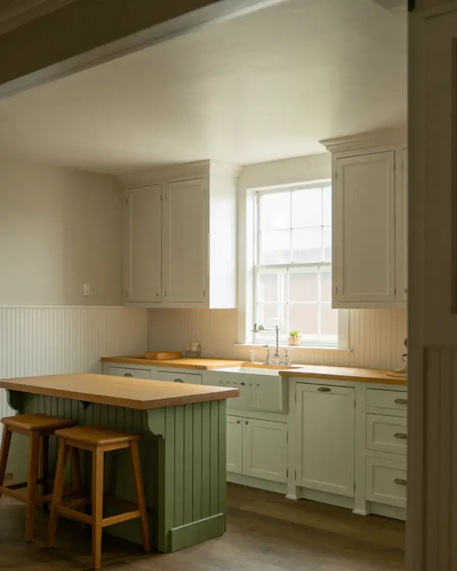 Farmhouse White Cabinets with Soft Green Accents 2