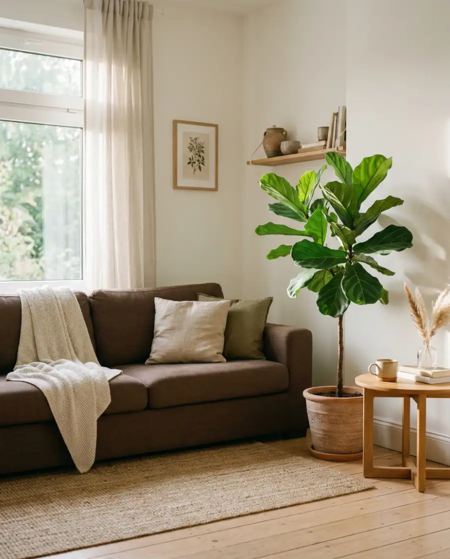 Green Decor Around a Brown Sofa 1