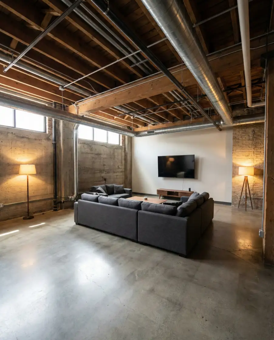 Industrial Exposed Ceiling Media Lounge 1