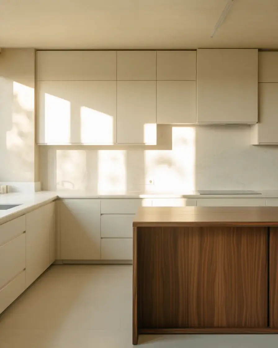 Minimalist White Cabinets with Walnut Accents 2