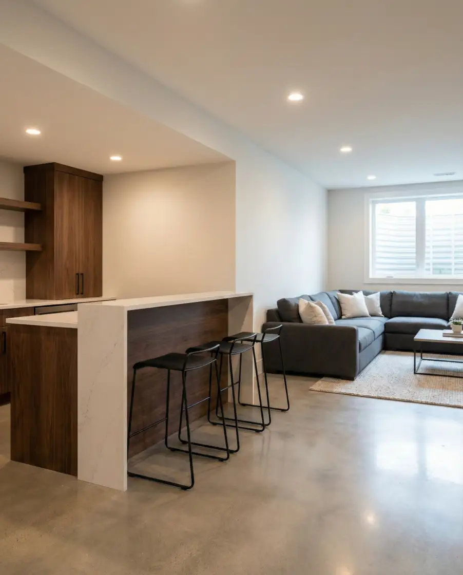 Modern Basement with Integrated Bar and Seating 1