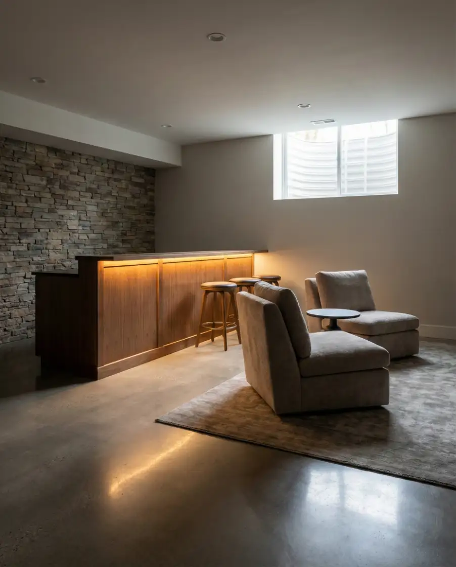 Modern Basement with Integrated Bar and Seating 2