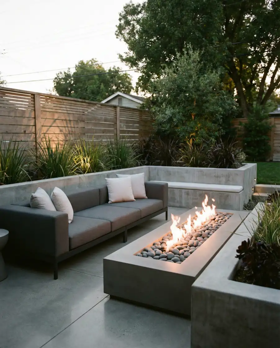 Modern Gas Fire Pit with River Rock Bed 1