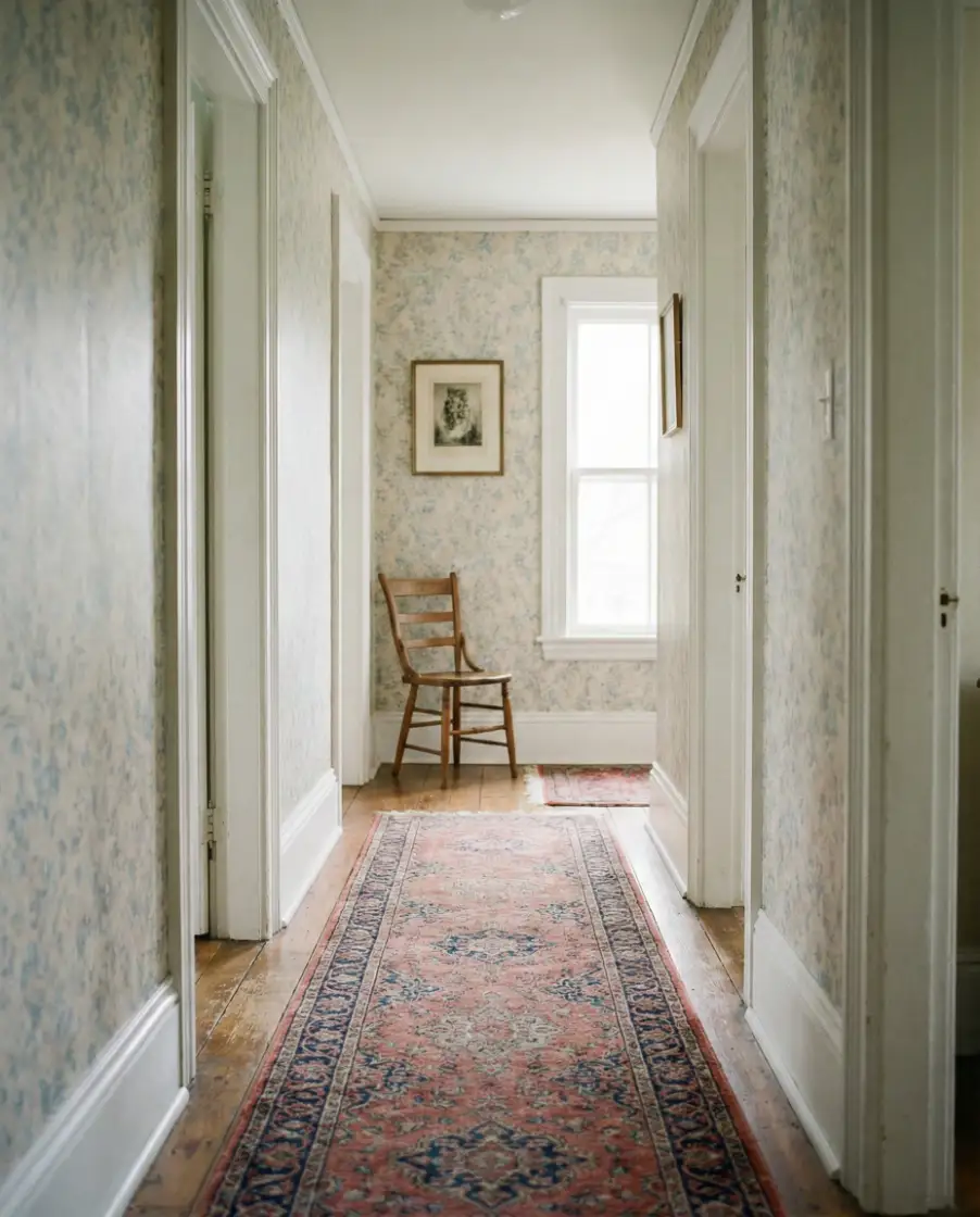 Narrow Upstairs Hallway with Wallpaper 2