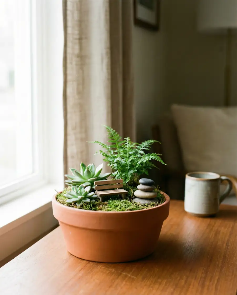 Outdoor Fairy Garden Bird Bath Scene 1