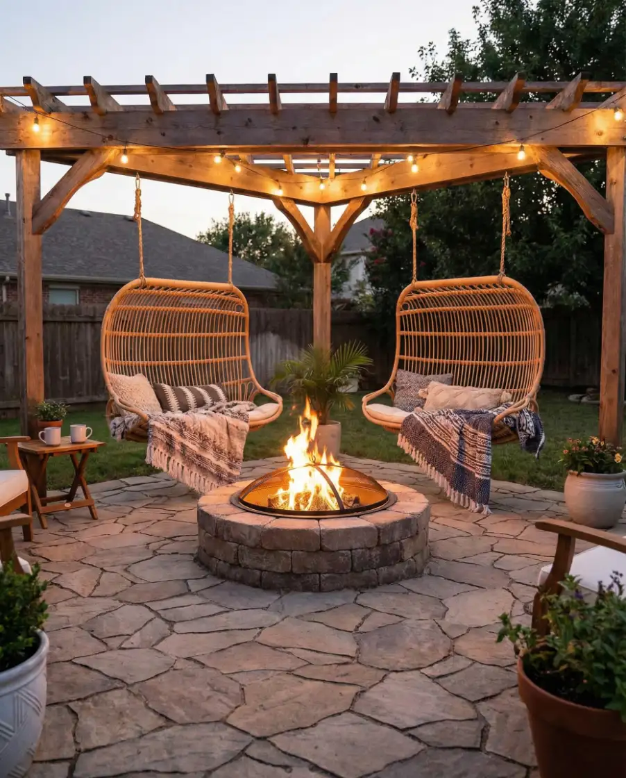 Paver Patio Fire Pit with Swings 2