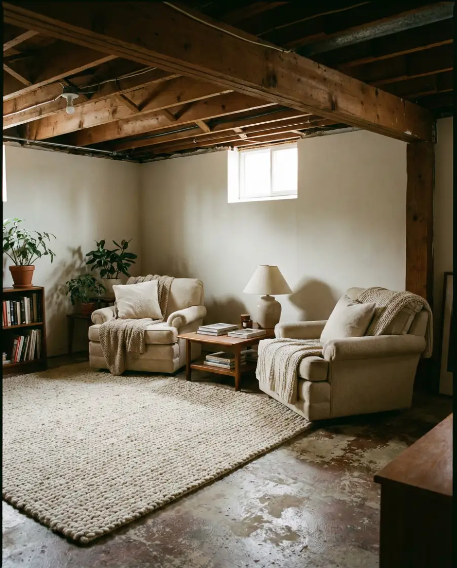 Rustic Basement with Exposed Beams and Concrete Floors 1