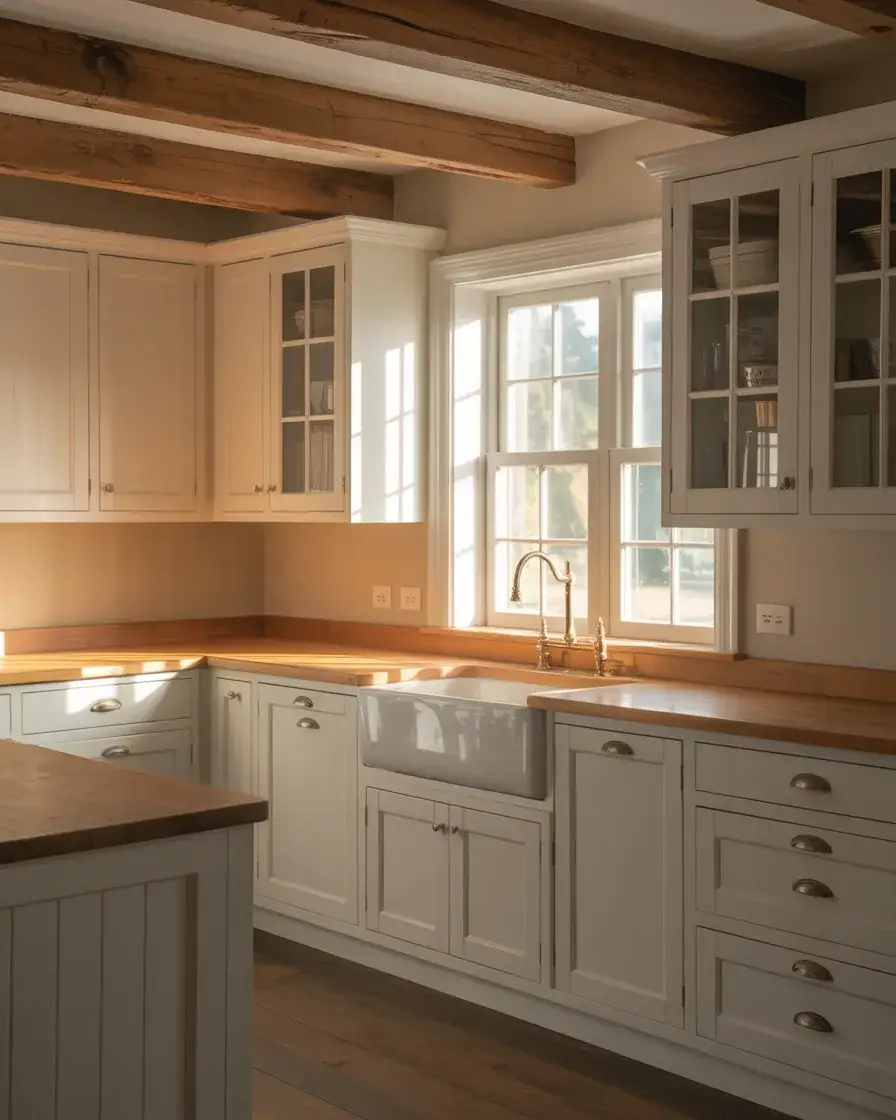 Rustic Farmhouse White Cabinets with Oak Beams 1