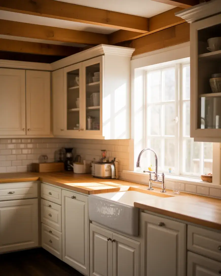 Rustic Farmhouse White Cabinets with Oak Beams 2