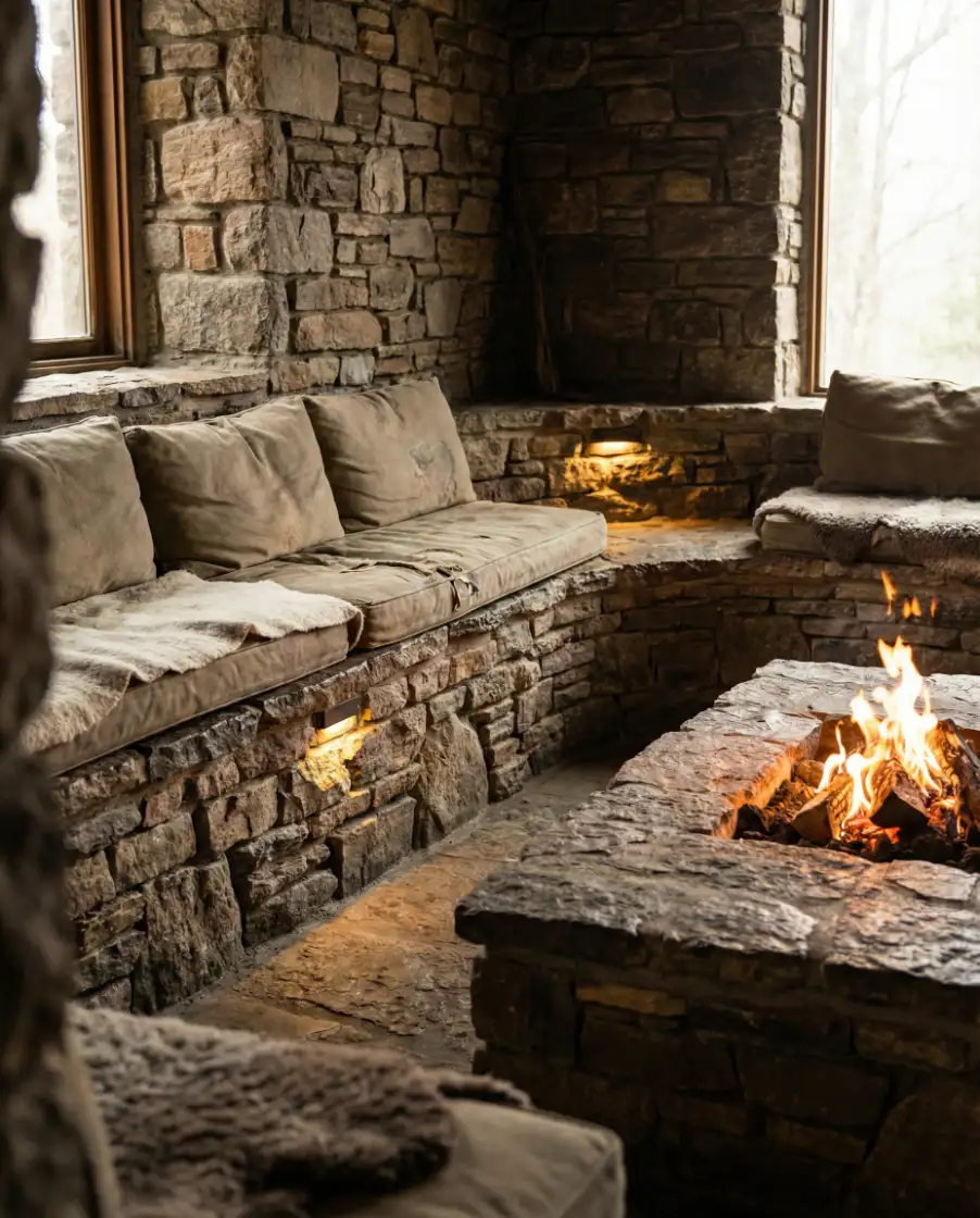 Rustic Sunken Fire Pit with Stone Seating Wall 1