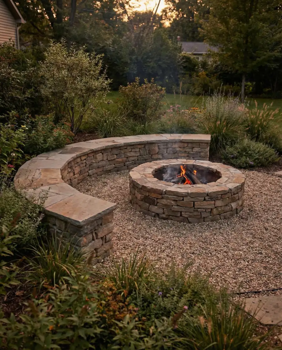 Rustic Sunken Fire Pit with Stone Seating Wall 2