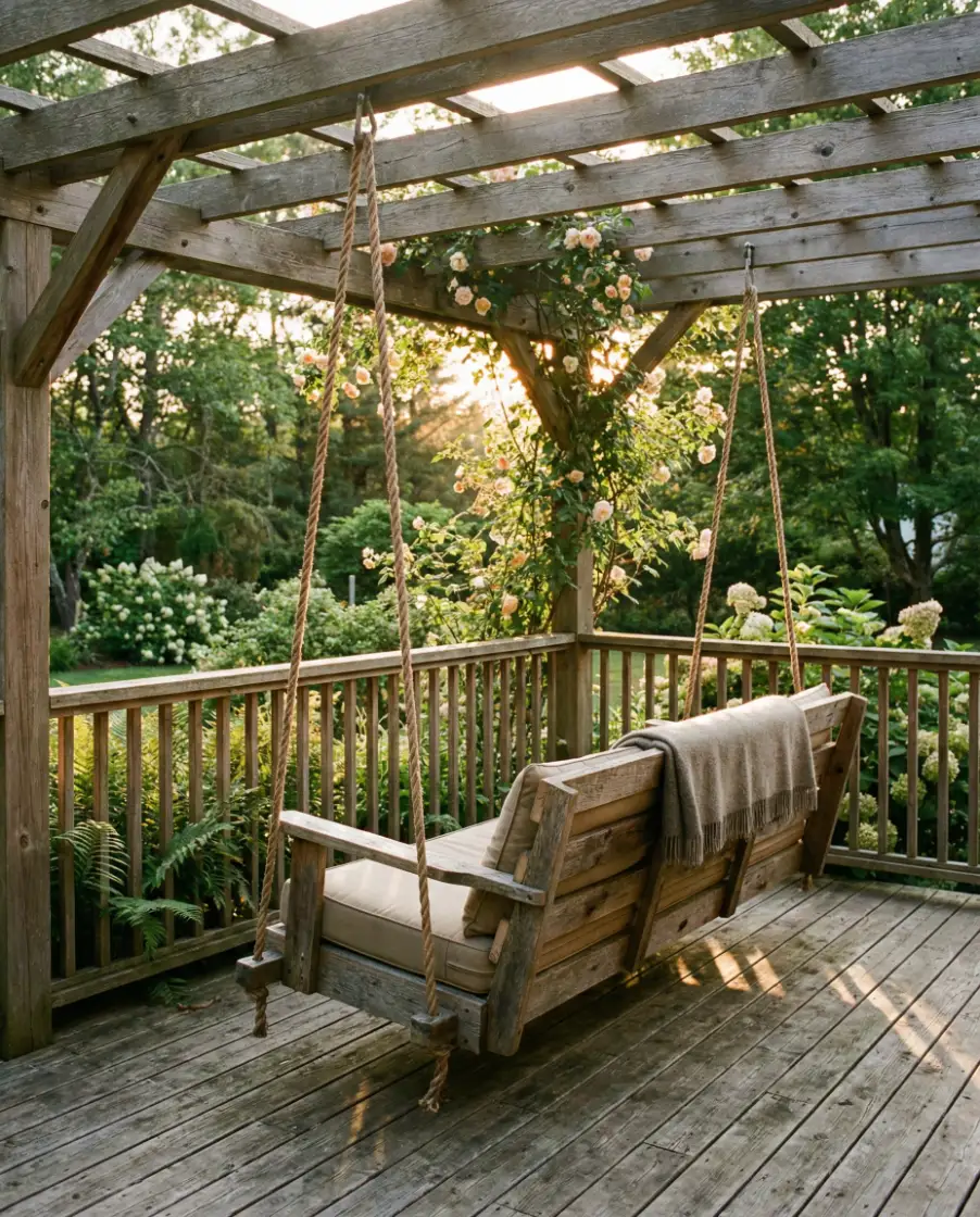 Rustic Wooden Deck Pergola with Swing 1