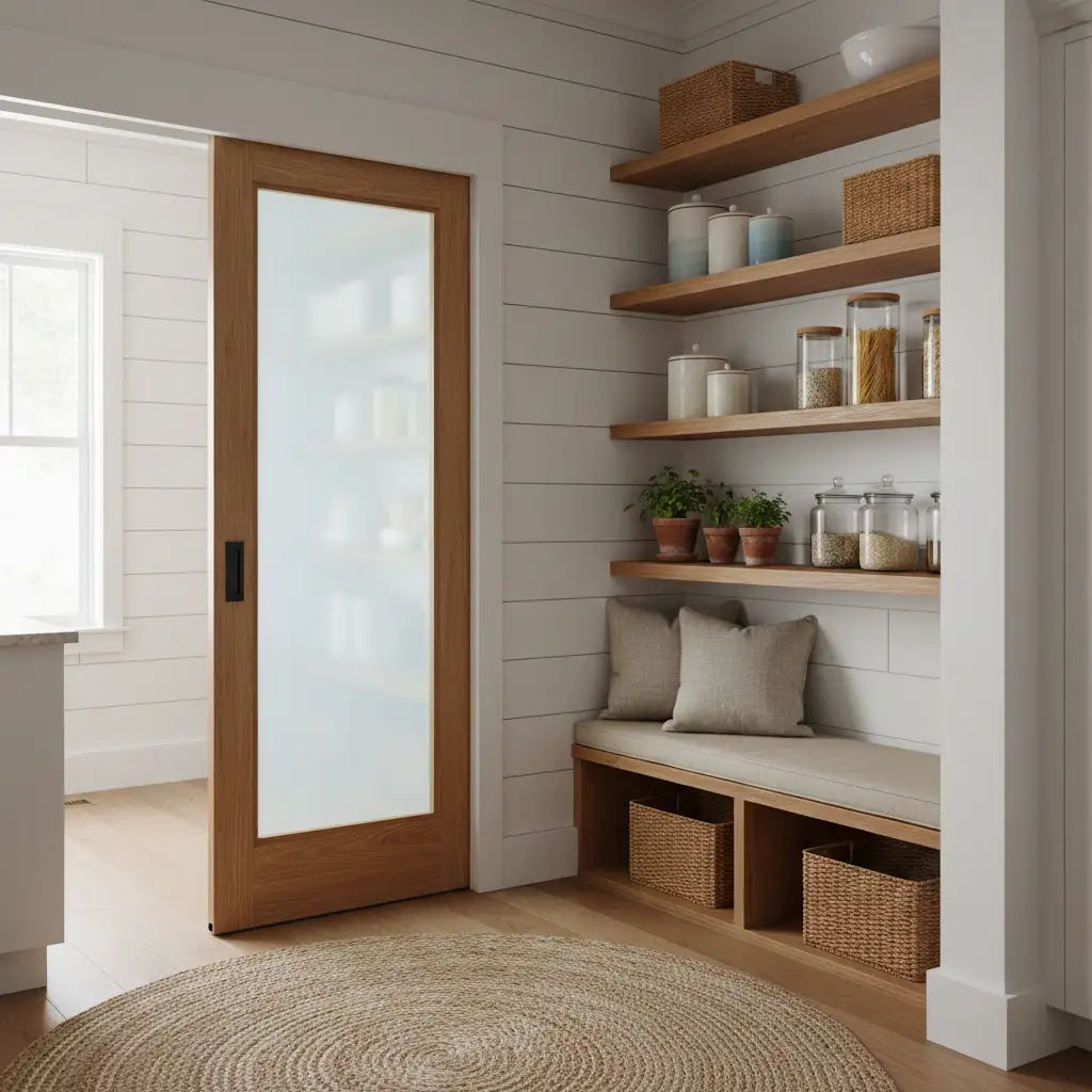 Sliding Farmhouse Pantry with Frosted Glass 2