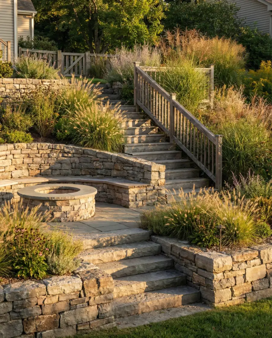 Sloped Garden with Tiered Fire Pit 1