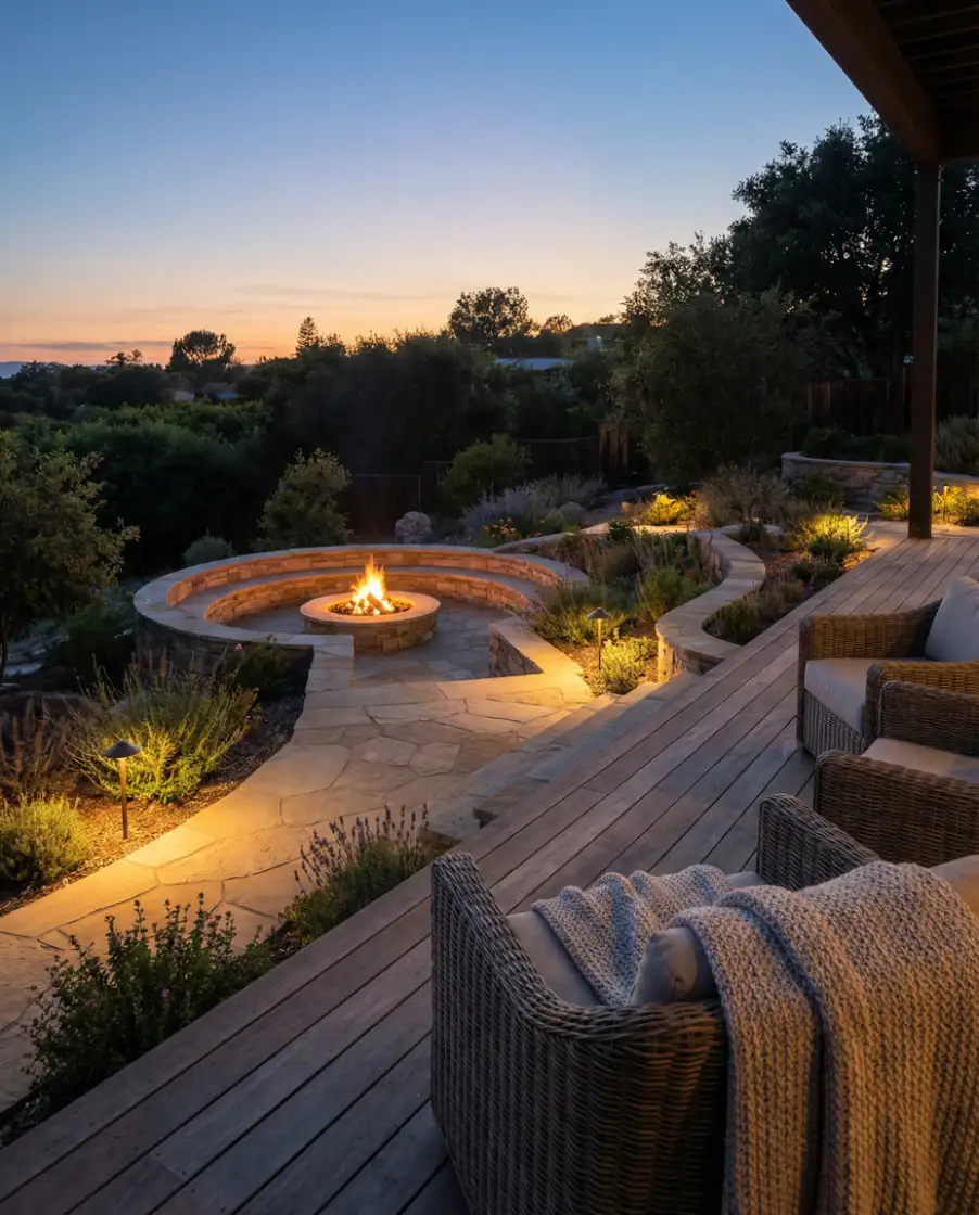 Sloped Garden with Tiered Fire Pit 2