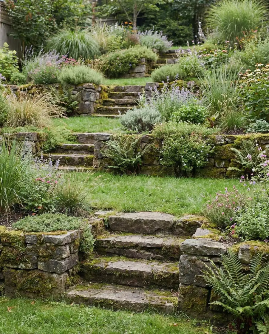 Sloped Lawn with Natural Stone Steps 2