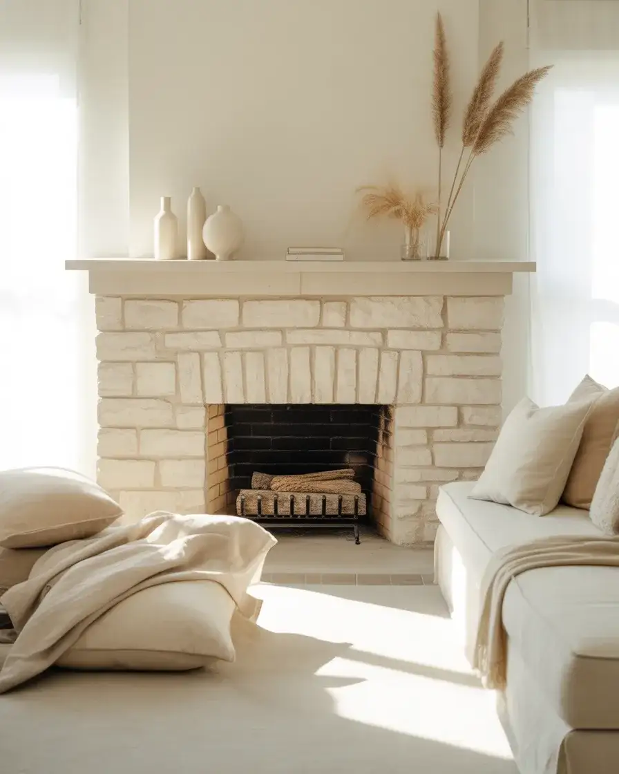 Soft White Stone Fireplace Look 1